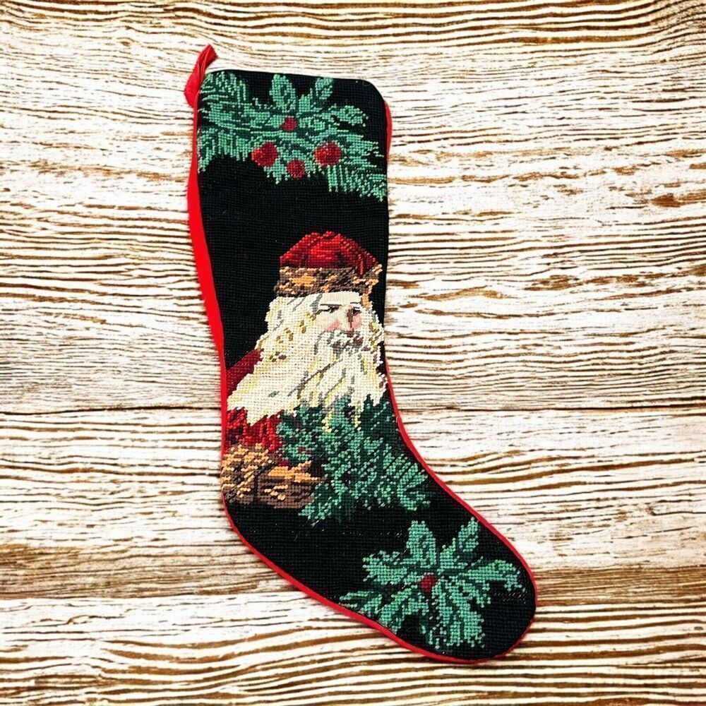Vintage Needlepoint Wool Christmas Stocking‎ Old World Santa Red Black Velvet